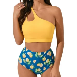 One Shoulder Cut-Out Two-Piece Swimsuit - Yellow