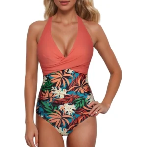 Orange - Tummy Control & Ruched Push-Up Design Swim Suit