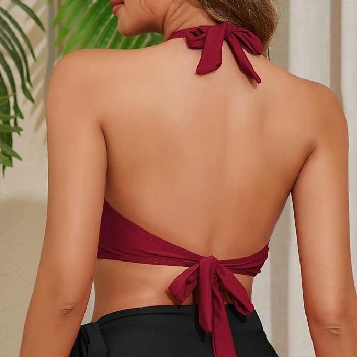 Twist Front V Neck Bikini Top with Adjustable Self-Tie Straps - Red - Image 2