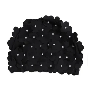 Bathing Cap with Flowers & Pearls for Long & Short Hair - Black